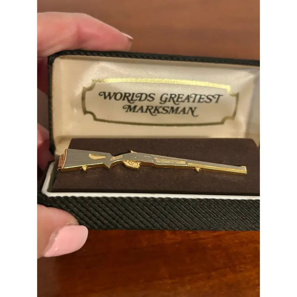 Vintage Swank Gold Tone Tie Clip World's Greatest Marksman In Box